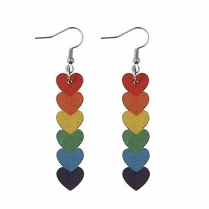 Wooden Rainbow Hearts Earrings
